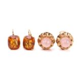 A pair of rose quartz clip-on earrings and a pair of citrine dormeuse earrings; the clip-on earrings