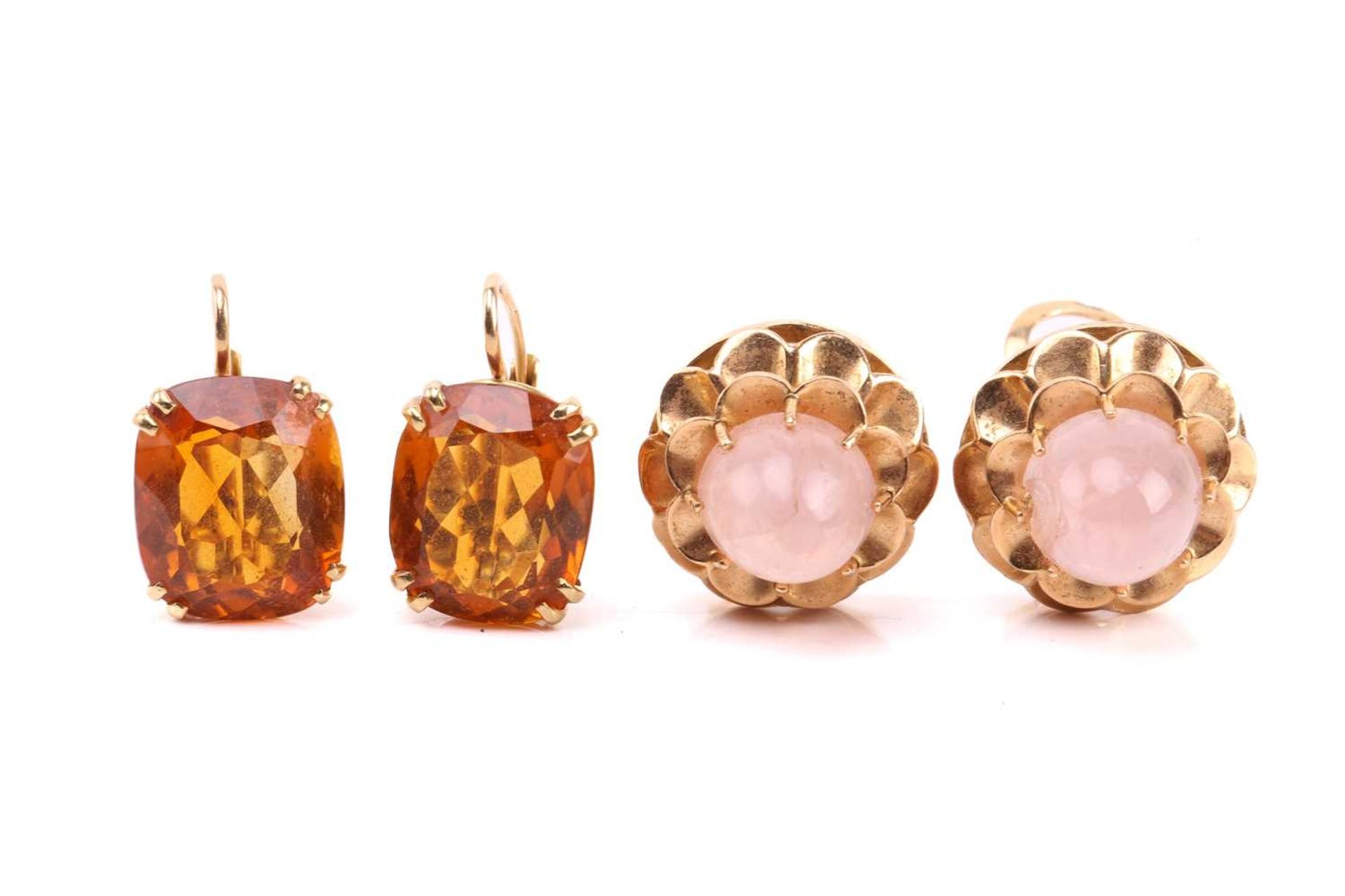 A pair of rose quartz clip-on earrings and a pair of citrine dormeuse earrings; the clip-on earrings