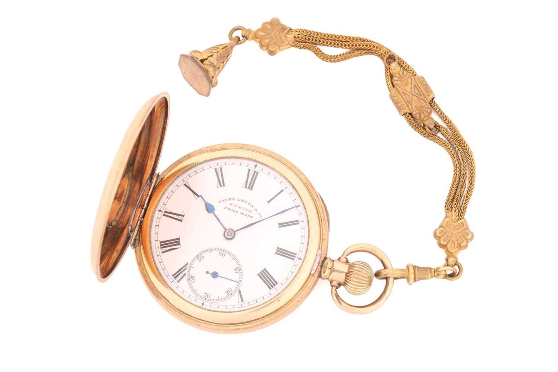 Fauve-Lauba Zenith full hunter pocket watch, the white enamel dial with roman numerals and sub-