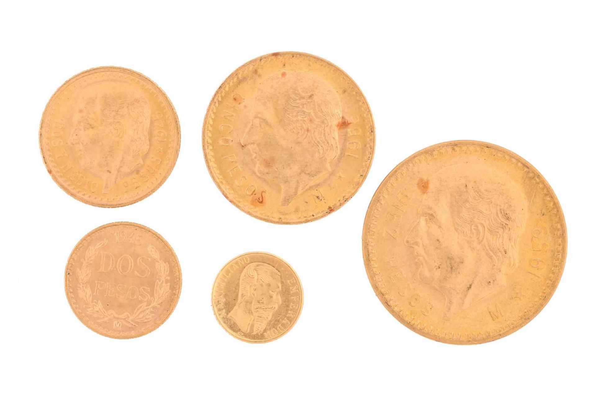 Mexico - gold coins, comprising Diez pesos 1959, Cinco pesos 1955, Dos y Medio pesos & Dos pesos,