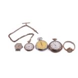 A stopwatch, two pocket watches and two wristwatches. Comprising of a Waltham stopwatch engraved '