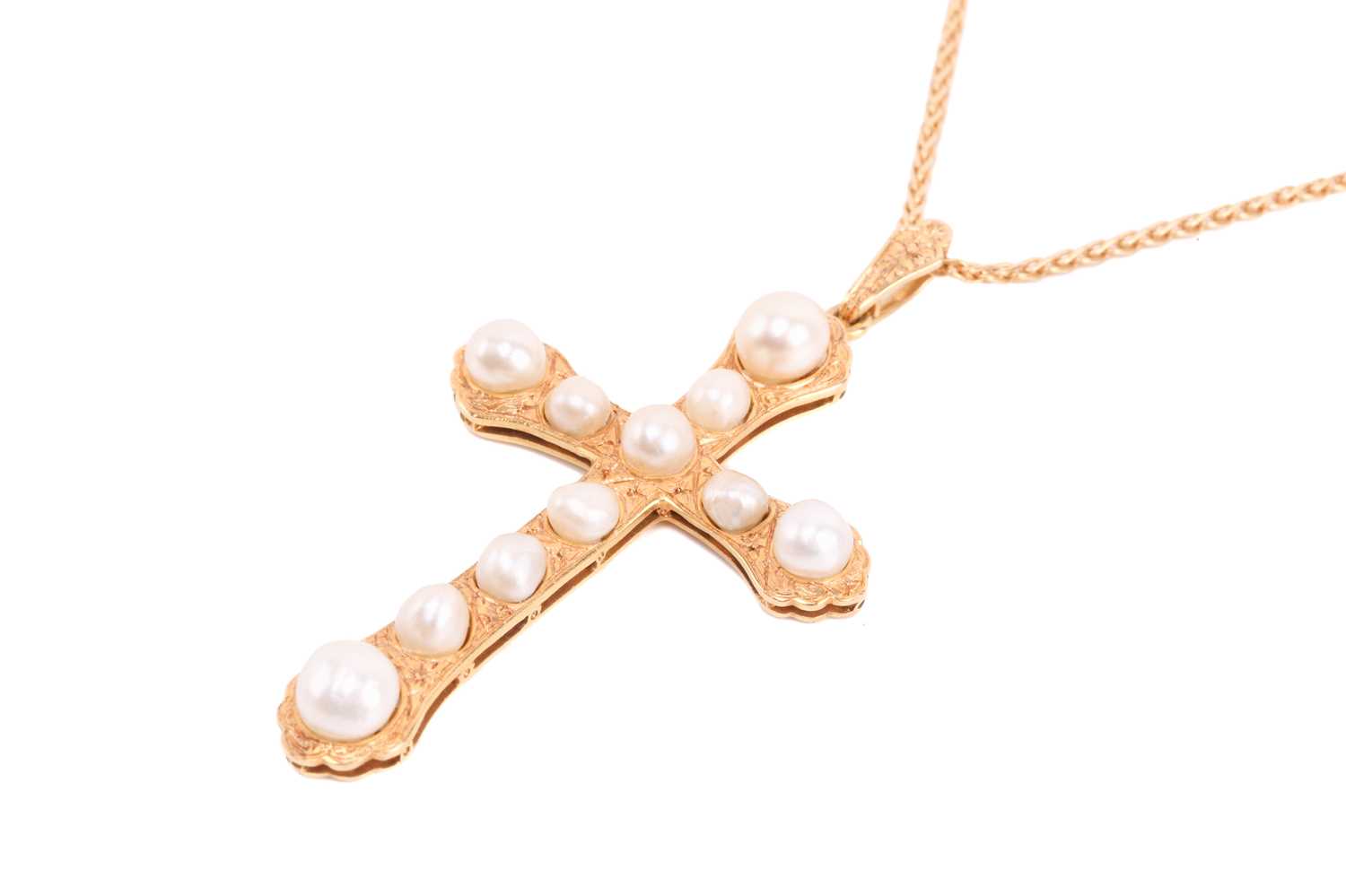 A natural pearl and yellow metal cross pendant, set with eleven natural pearls, the largest pearl - Image 2 of 4