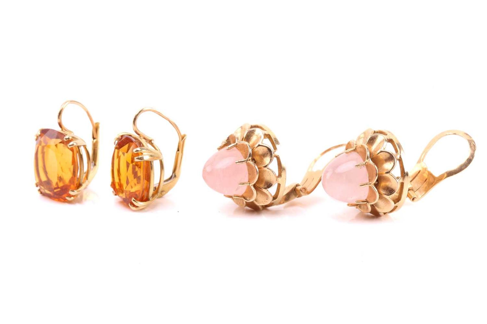 A pair of rose quartz clip-on earrings and a pair of citrine dormeuse earrings; the clip-on earrings - Image 3 of 3
