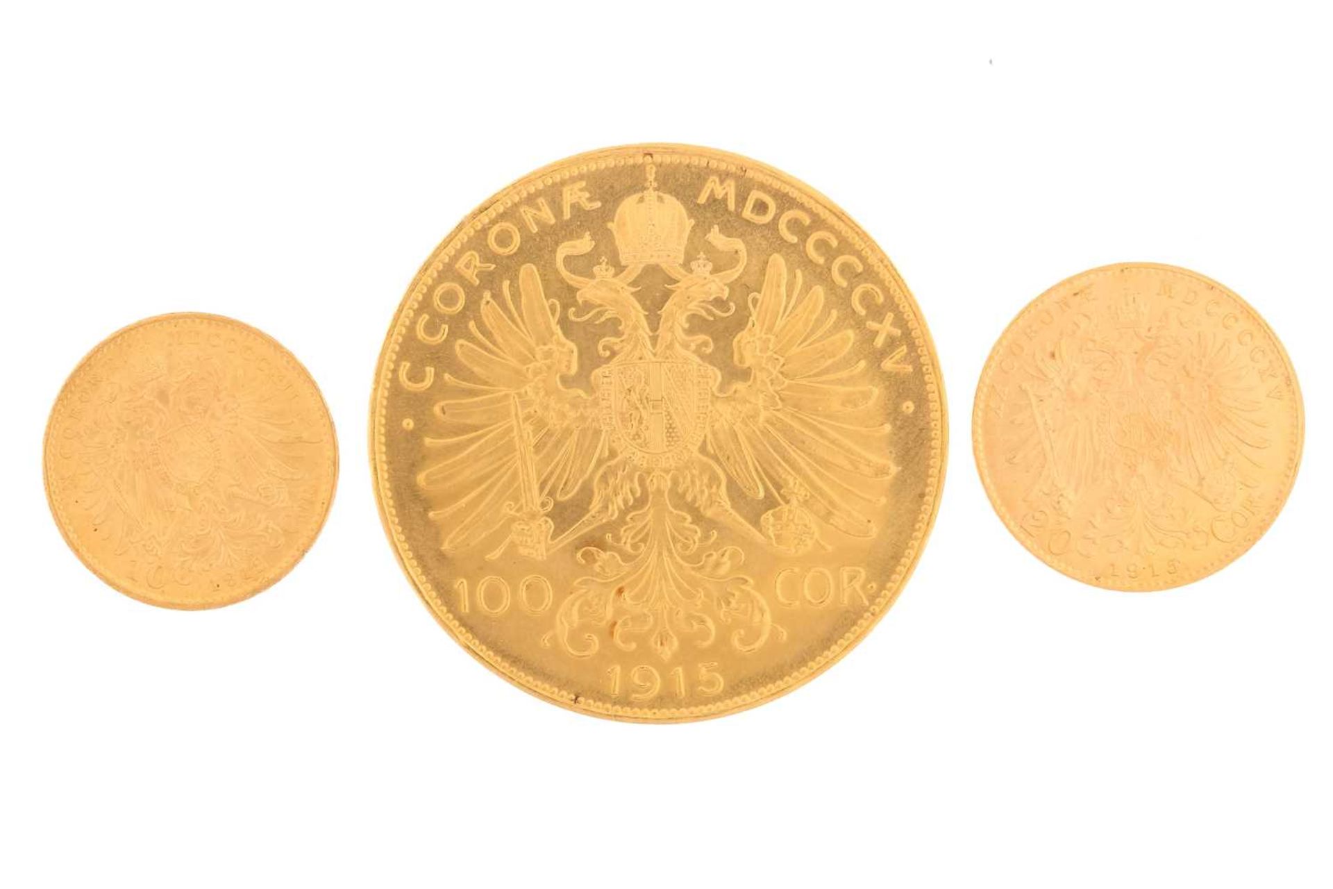 Austria - Franz Joseph I, gold 100, 20 & 10 Corona, 1915 & 1912 - Image 2 of 2