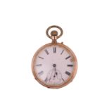 An open-face pocket watch, featuring a keyless wound pocket watch in yellow metal stamped 14kt