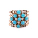 A five row turquoise and paste harem ring, formed of a hinged row of five stacked bands set with