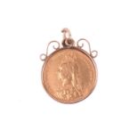 A Queen Victorian full sovereign, 1892, obverse with head to the left, mounted as a pendant.