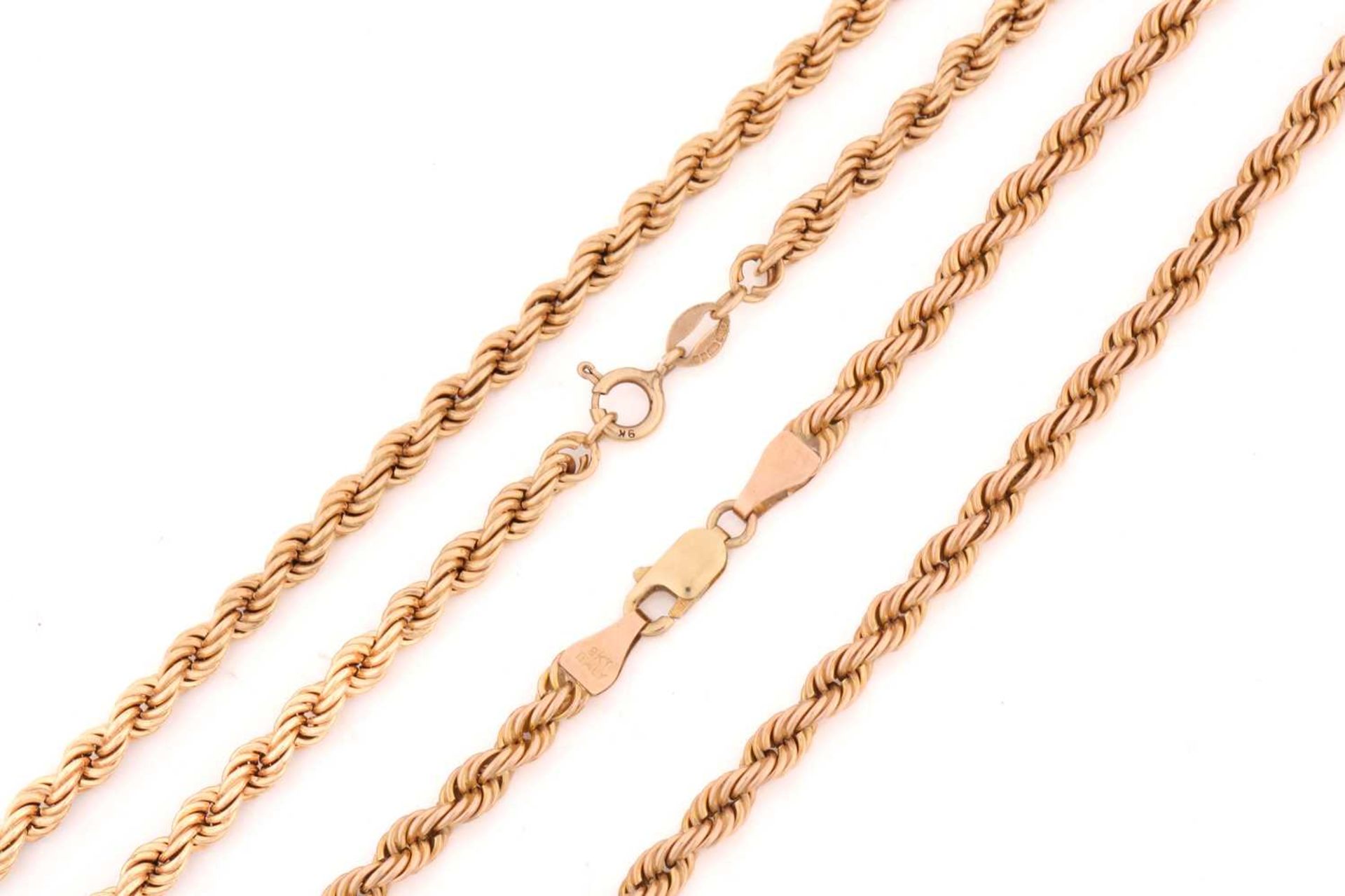 Two twisted rope chains in 9ct gold, one fastens with lobster clasp and the other with a spring-ring - Image 2 of 2