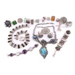 A quantity of white metal jewellery, including a large naturalistic labradorite necklace and ring, a