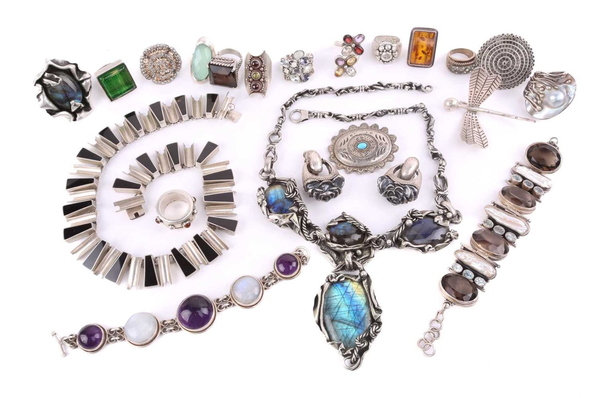 A quantity of white metal jewellery, including a large naturalistic labradorite necklace and ring, a