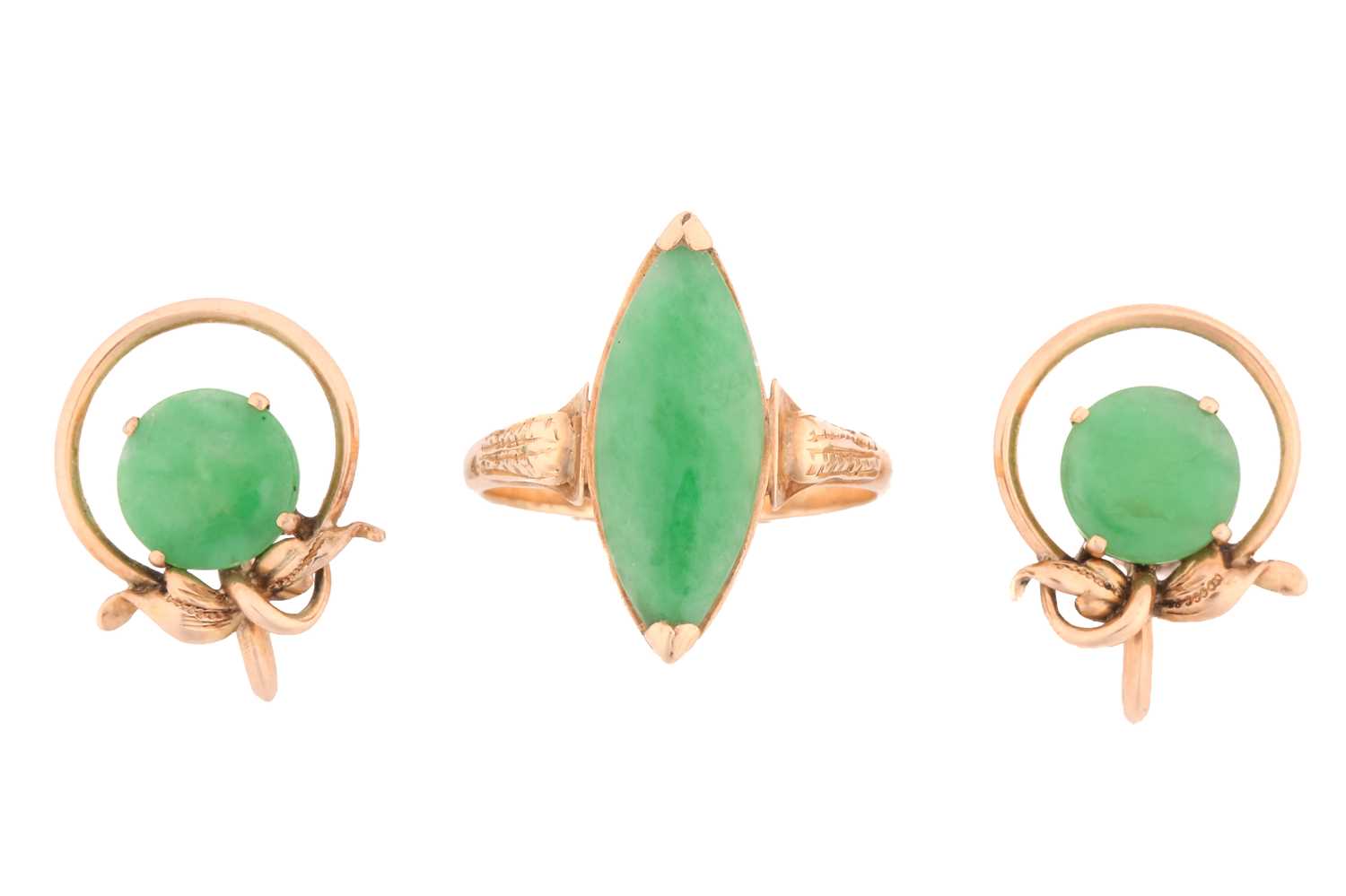 A pair of jade earrings and a dress ring; the earrings each containing a bright green round jade