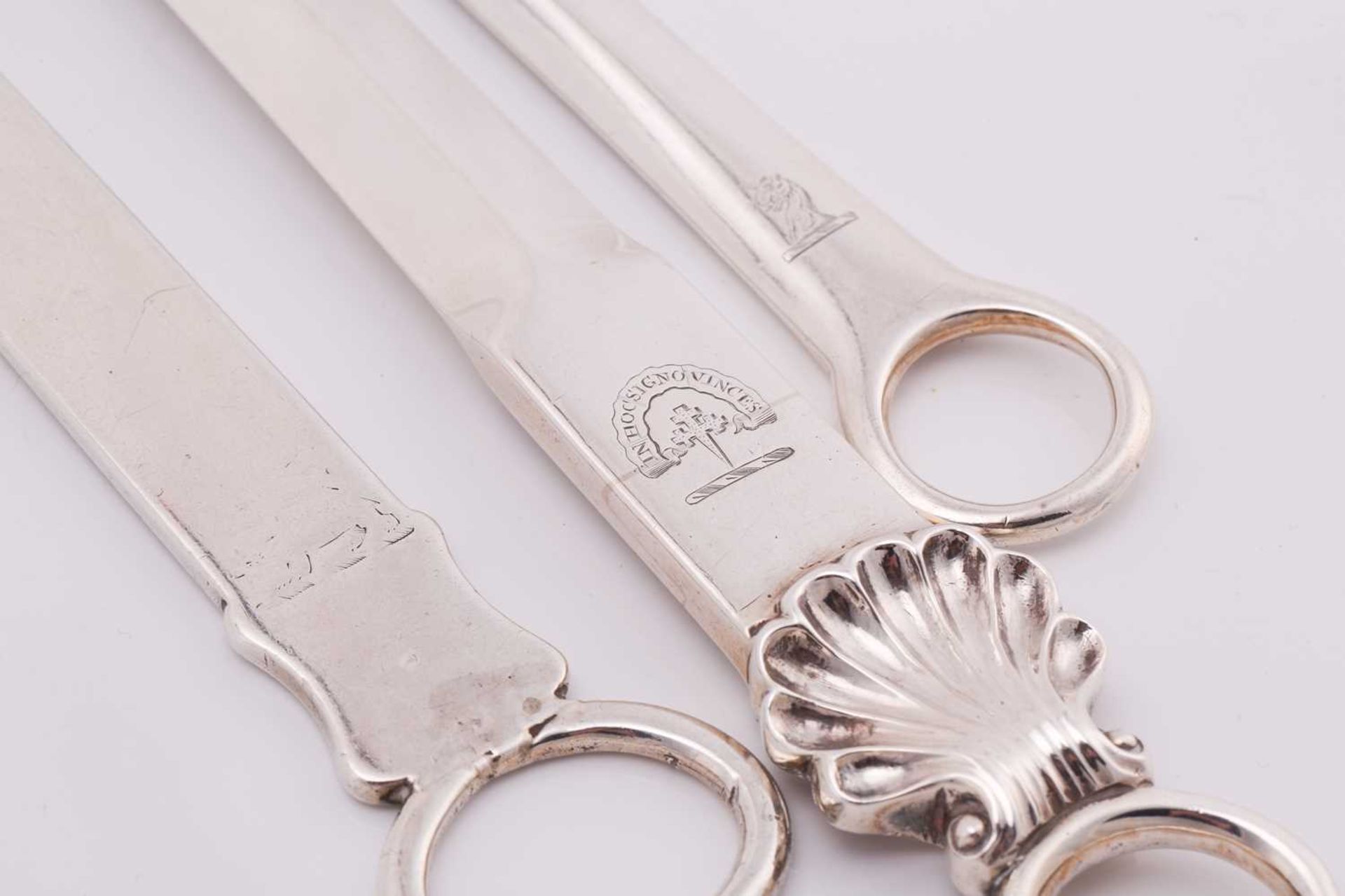 Three George III meat skewers; one with crest engraved below shell mounted ring terminal, London - Image 5 of 6