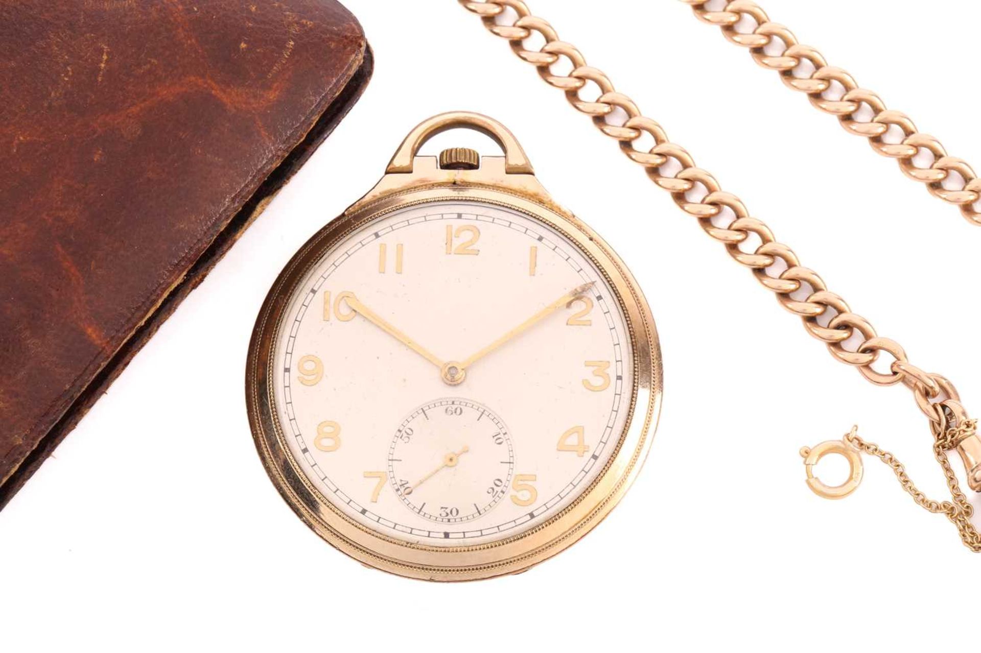 A 9ct watch chain and gold plated pocket watch in leather case, featuring a keyless wound gold - Image 2 of 12