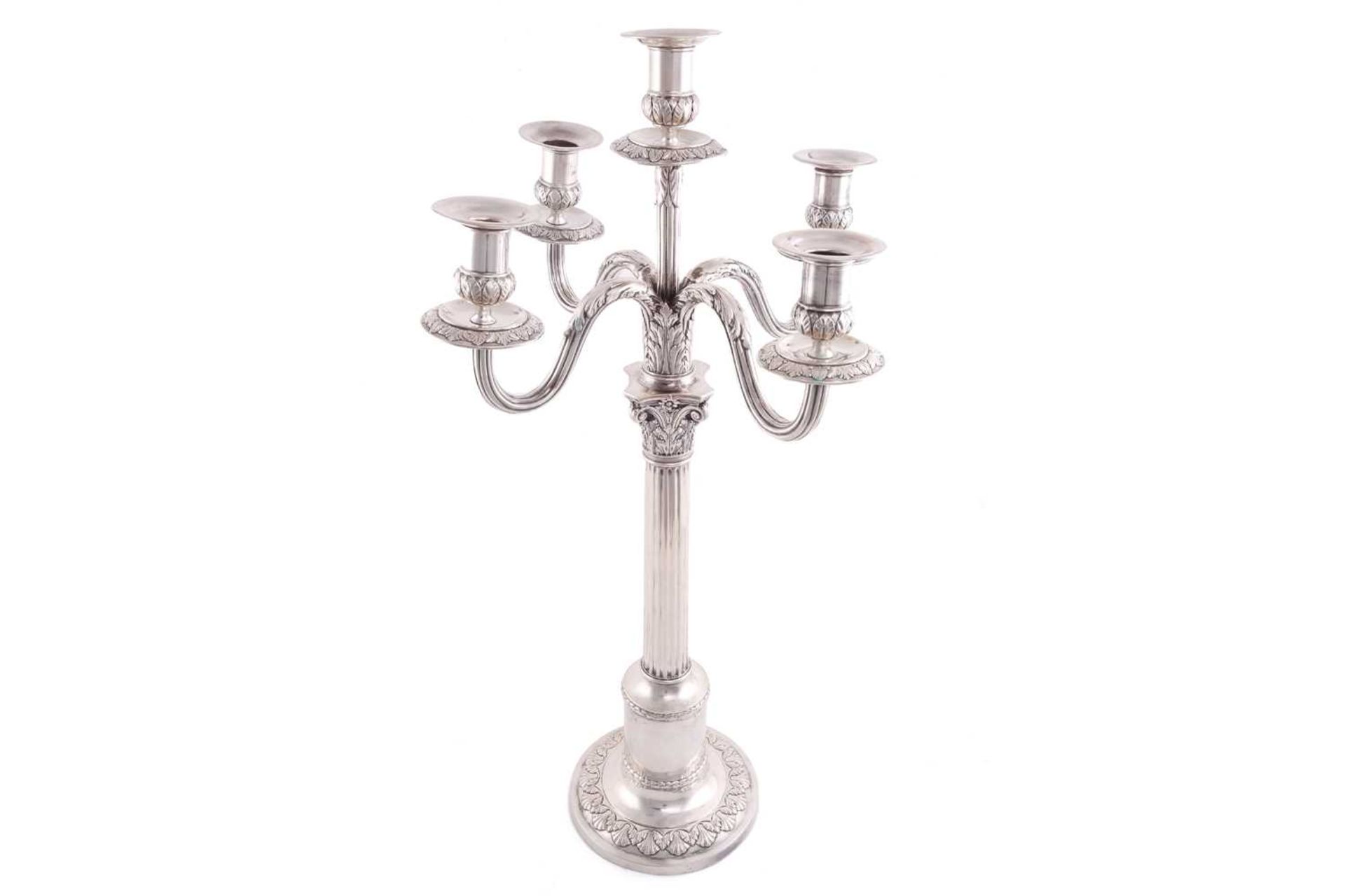 A pair of German 800 standard candelabra, of Corinthian column form with detachable five branch - Image 2 of 8