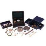 A collection of jewellery, watches and silver including two gemset rings, a pocket watch marked 14k,