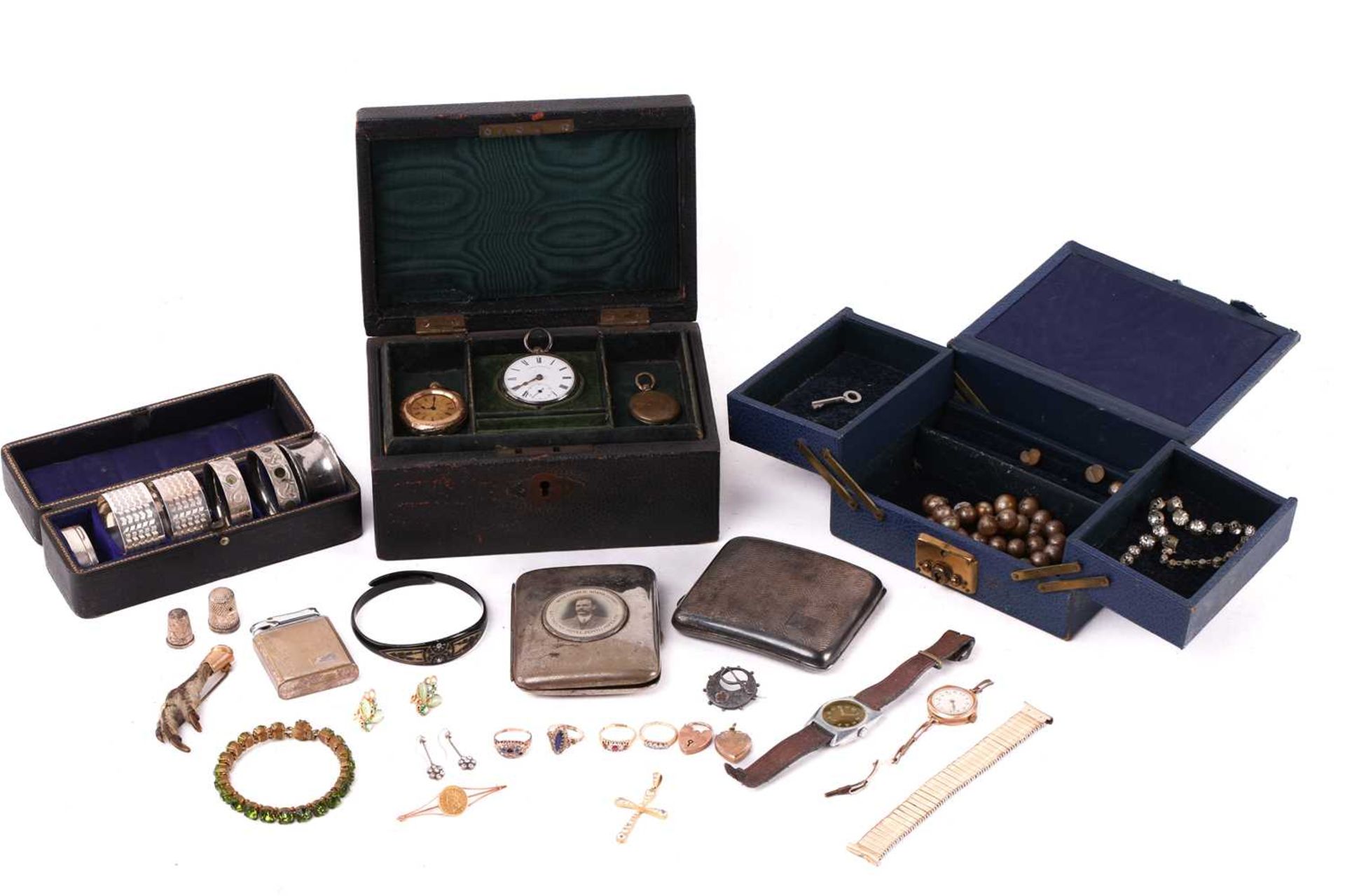 A collection of jewellery, watches and silver including two gemset rings, a pocket watch marked 14k,