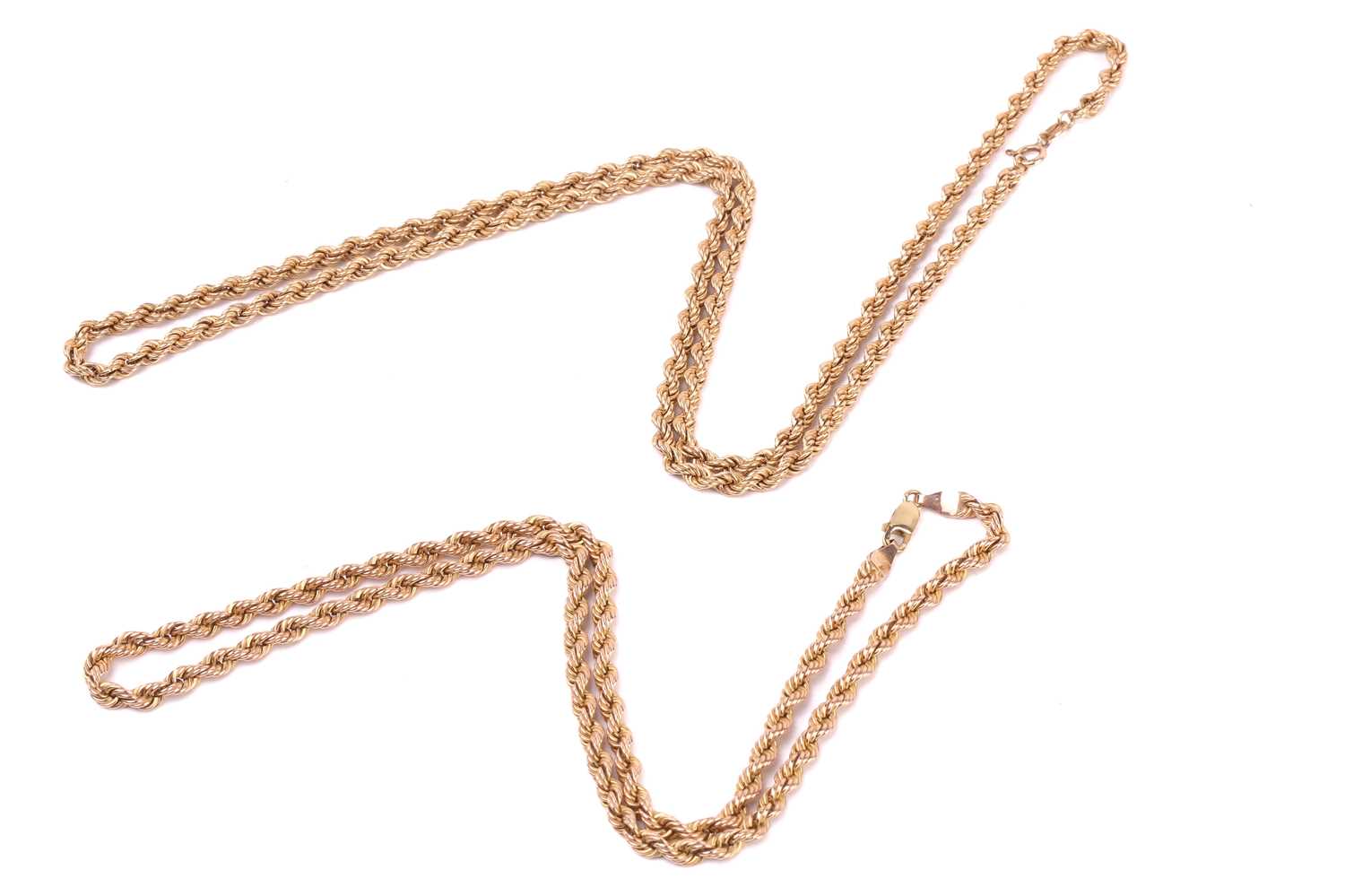 Two twisted rope chains in 9ct gold, one fastens with lobster clasp and the other with a spring-ring