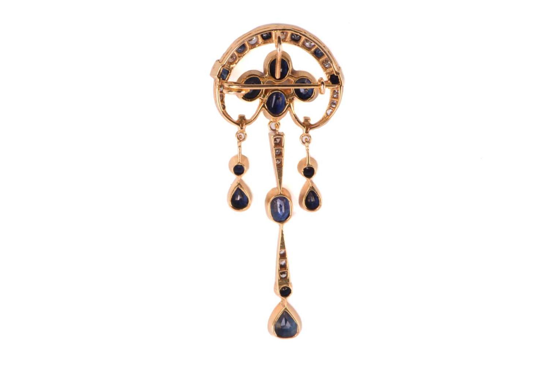 A sapphire and diamond chandelier pendant brooch, centred with a cluster of four oval-cut - Image 2 of 4