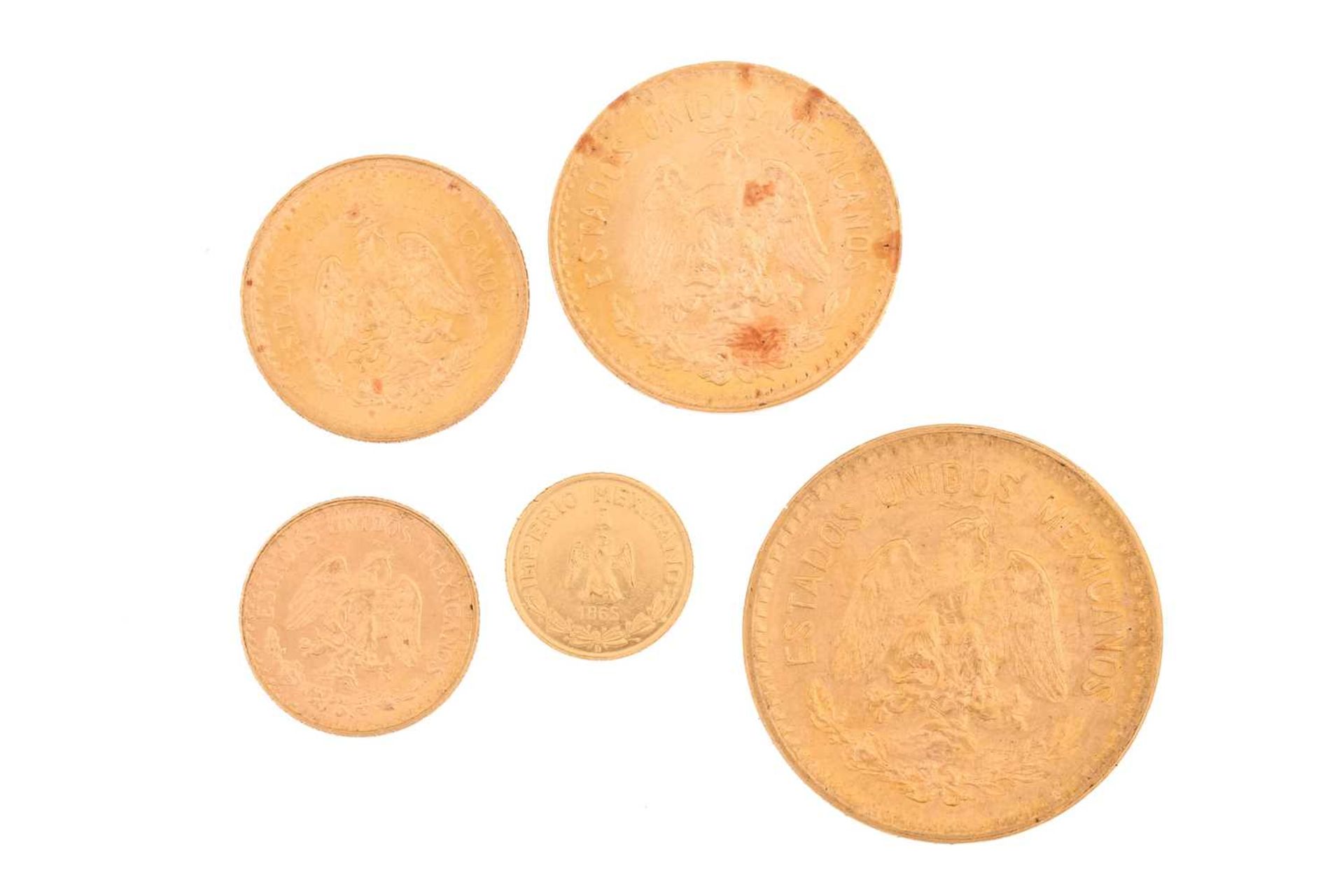 Mexico - gold coins, comprising Diez pesos 1959, Cinco pesos 1955, Dos y Medio pesos & Dos pesos, - Image 2 of 2