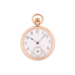 An open-face pocket watch in yellow metal stamped 14ct, featuring a keyless wound movement in a