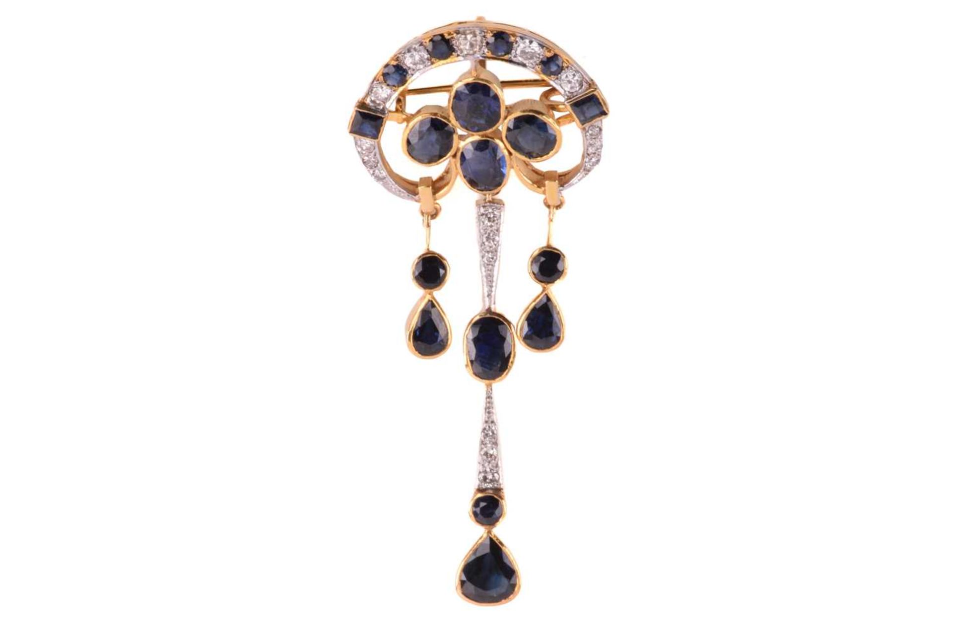 A sapphire and diamond chandelier pendant brooch, centred with a cluster of four oval-cut