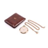 A 9ct watch chain and gold plated pocket watch in leather case, featuring a keyless wound gold