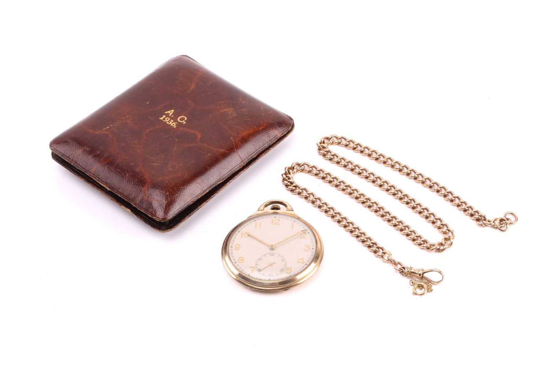 A 9ct watch chain and gold plated pocket watch in leather case, featuring a keyless wound gold
