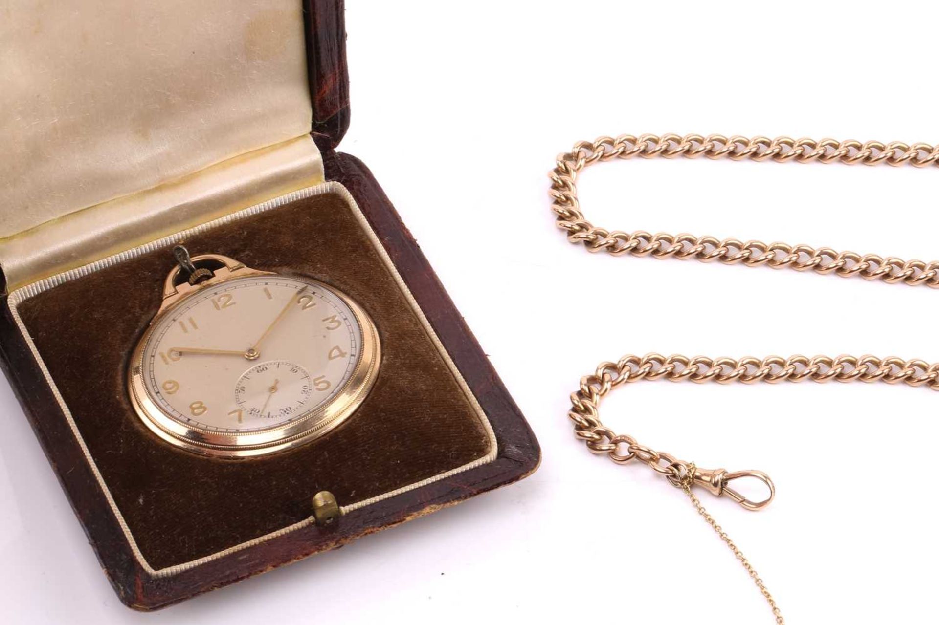 A 9ct watch chain and gold plated pocket watch in leather case, featuring a keyless wound gold - Image 4 of 12
