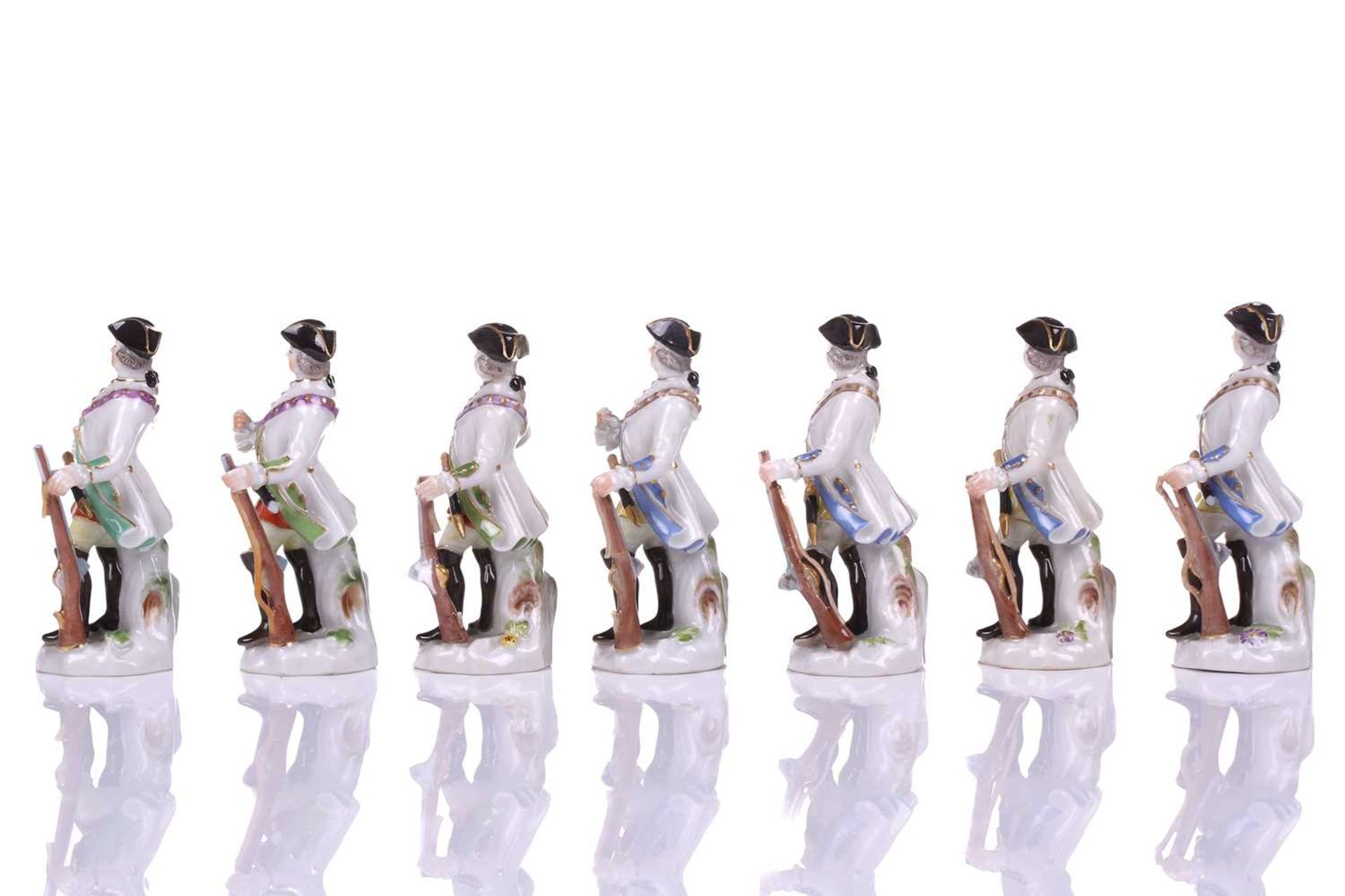 A group of seven Meissen porcelain soldier figures, 20th century after the 18th century originals, - Image 3 of 7