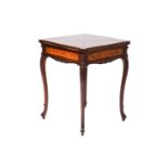 A late Victorian mahogany envelope card table, the shaped square top with satinwood crossbanding