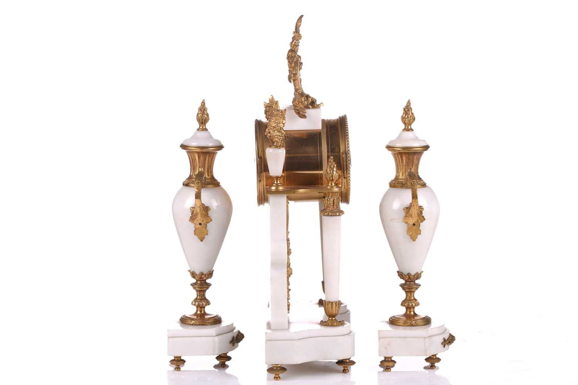 A Louis XVI-style white marble and ormolu 8-day clock garniture, early 20th century, fitted with a - Image 7 of 12