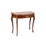 A 19th century style French parquetry inlaid fold-over card table, the D-shape top enclosing leather