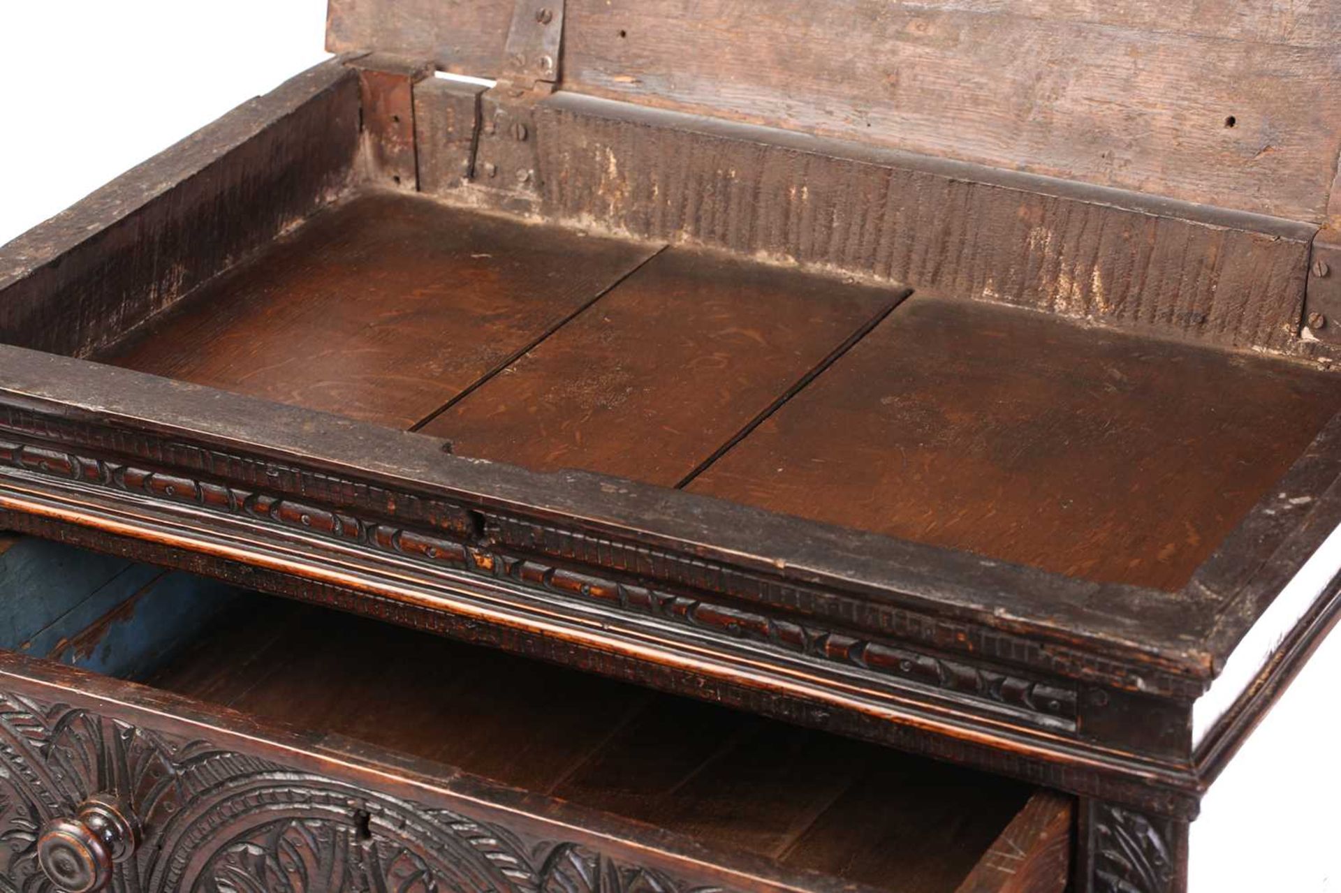 A carved oak 17th-century style three-drawer chest (17th century period timber and later, re- - Image 7 of 9