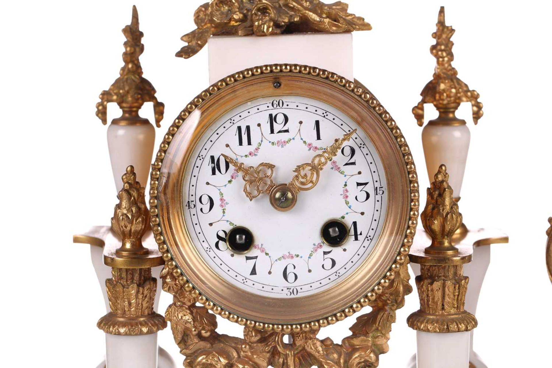 A Louis XVI-style white marble and ormolu 8-day clock garniture, early 20th century, fitted with a - Image 3 of 12