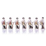A group of seven Meissen porcelain soldier figures, 20th century after the 18th century originals,