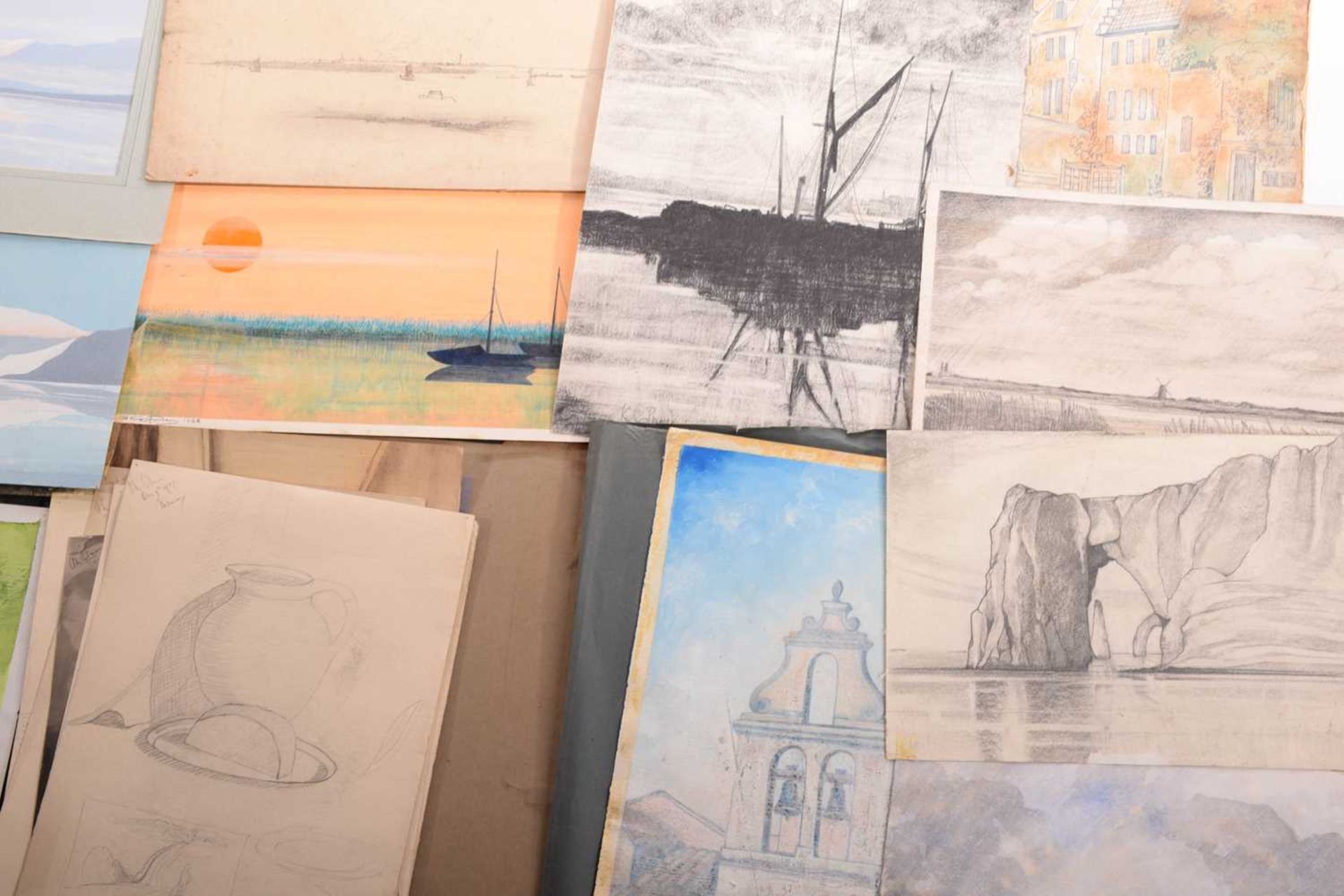 A portfolio containing a large quantity of loose acrylic, watercolours and pencil sketches by Alec - Image 3 of 9