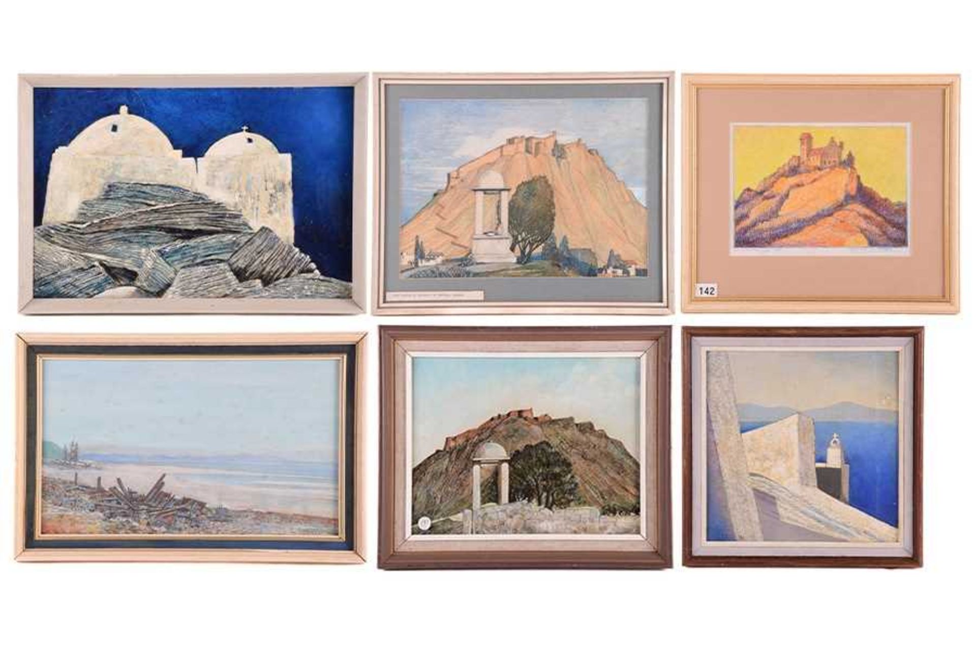 Kenneth Cotman (1904-1994), 'The Island of Rhodes', 'Greek Church', 'Santorini', 'Castle in Spain'