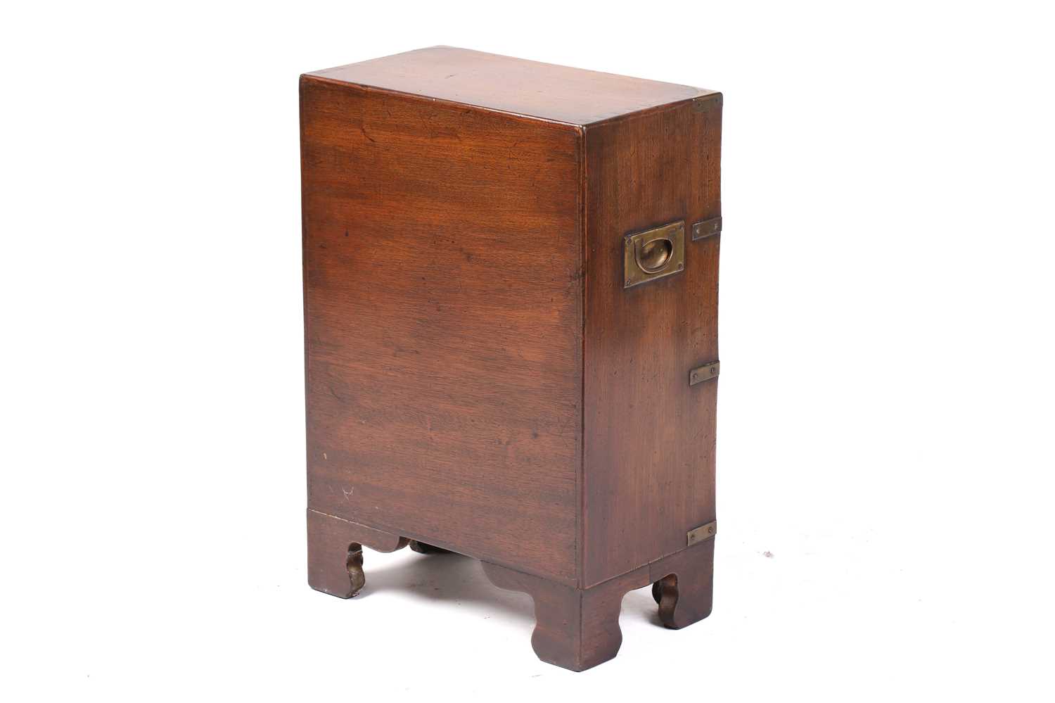 A small brass-bound mahogany campaign style three-drawer pedestal chest of drawers, 20th century, - Image 3 of 10