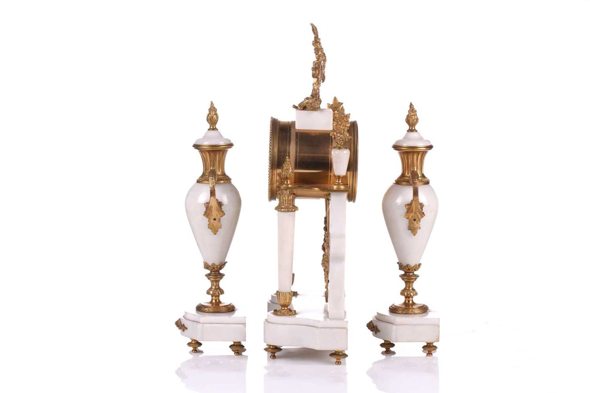 A Louis XVI-style white marble and ormolu 8-day clock garniture, early 20th century, fitted with a - Image 6 of 12