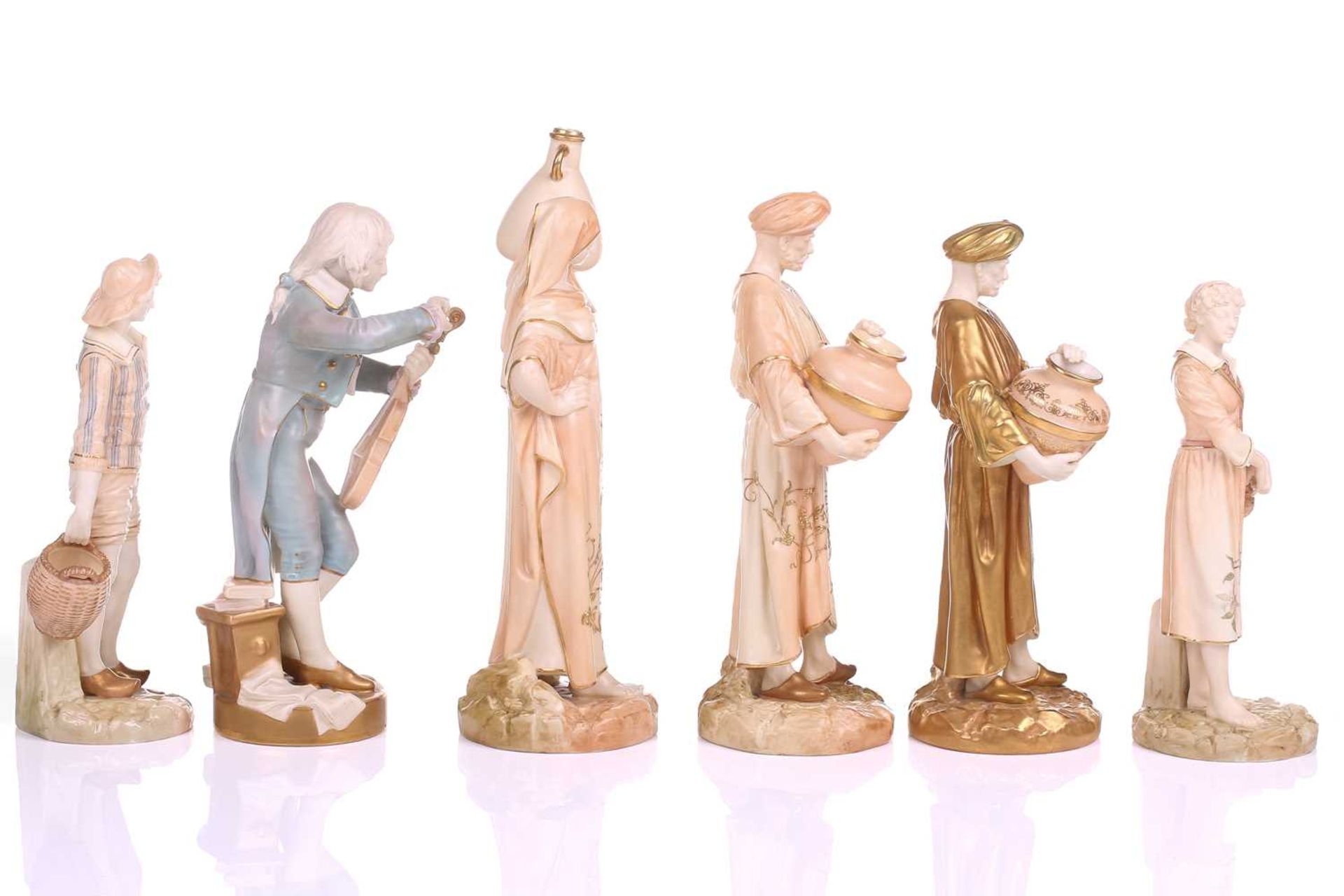 A collection of Six James Hadley for Royal Worcester, stained ivory and shot silk porcelain figures, - Image 2 of 9