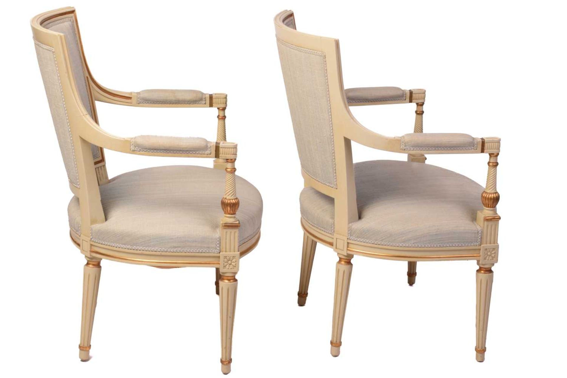 A pair of French fauteuils, 20th century, with upholstered arm rests, back and seat, the sprung seat - Image 2 of 10