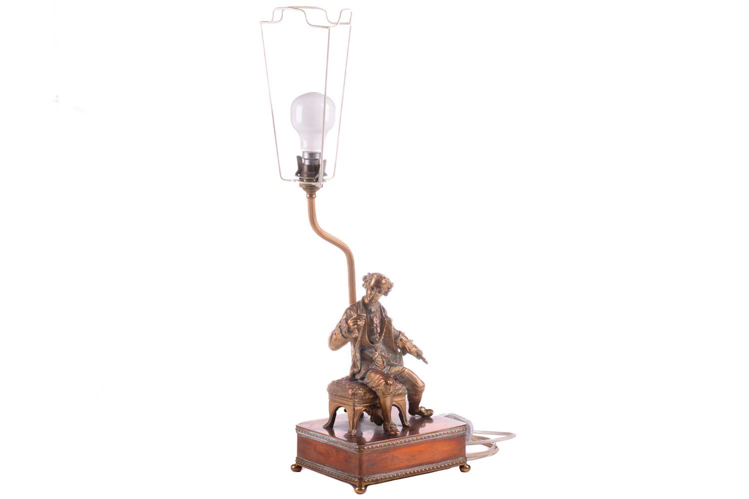 A 20th-century copper and gilt brass figural table lamp, modelled a seated dandy, 68 cm high to - Image 6 of 7