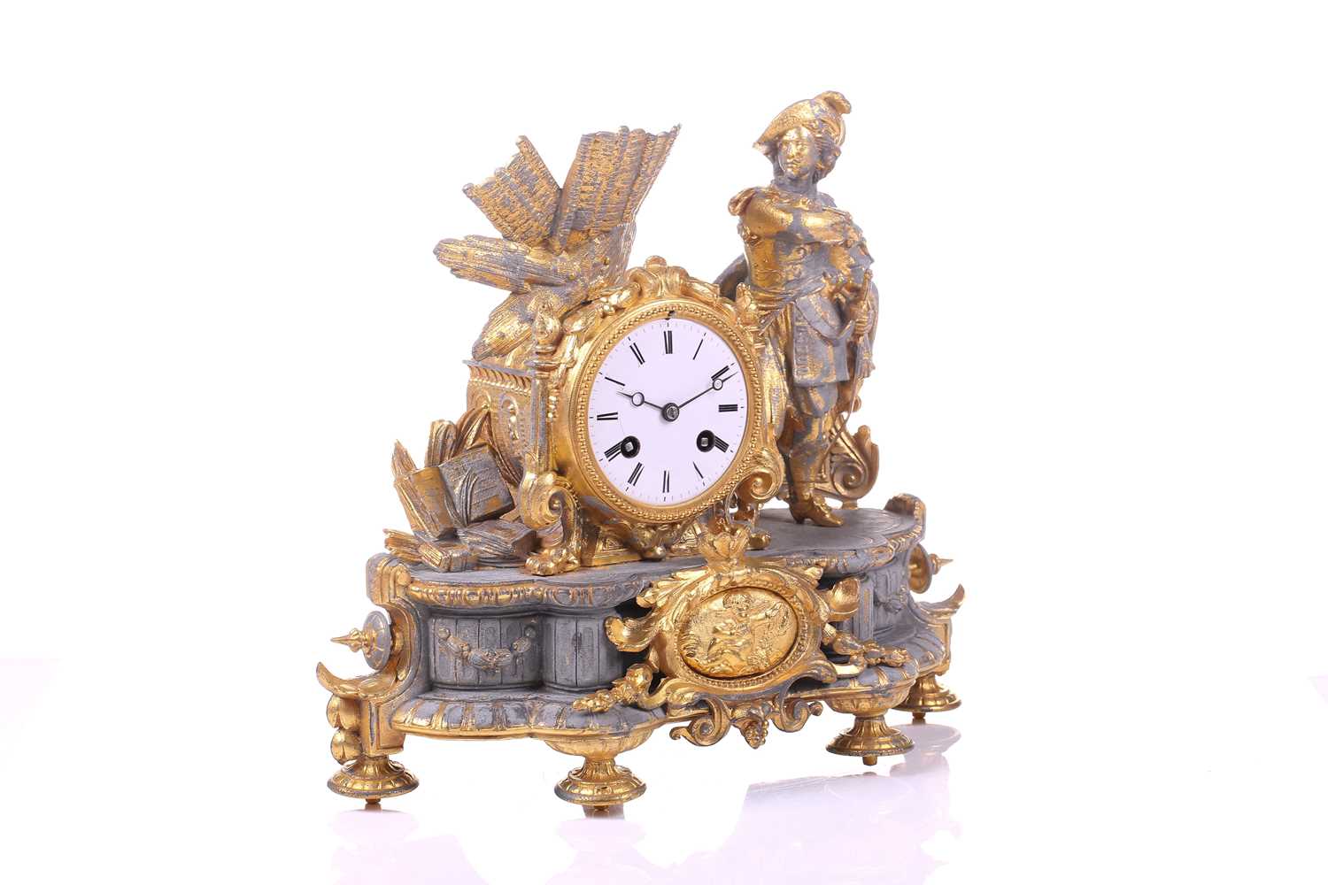 A late 19th century French parcel gilt spelter clock, depicting a nobleman standing beside a drum - Image 7 of 14