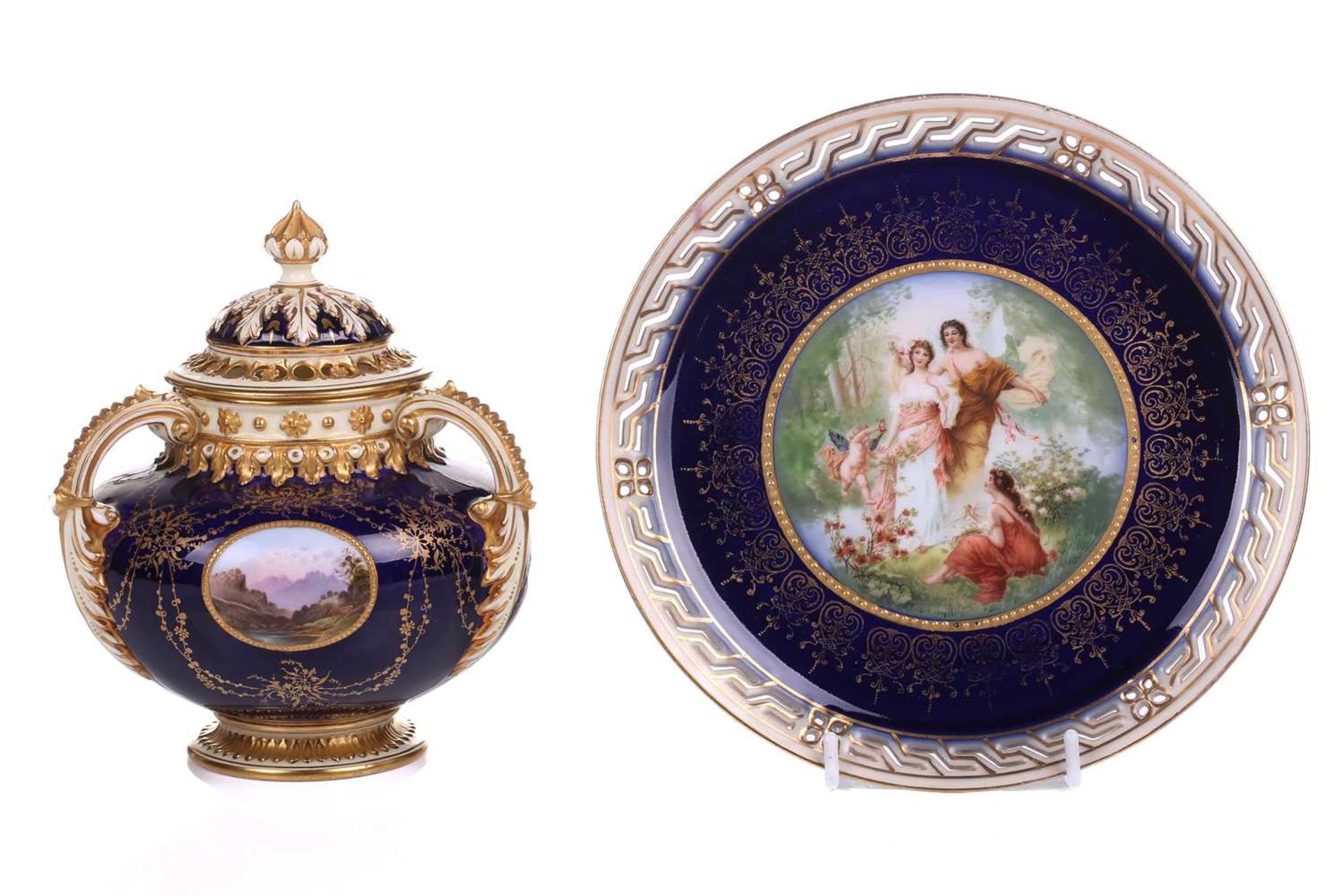 An early 20th century Coalport Bleu de Roi three-handled potpourri and cover and inner lid, The - Image 2 of 10