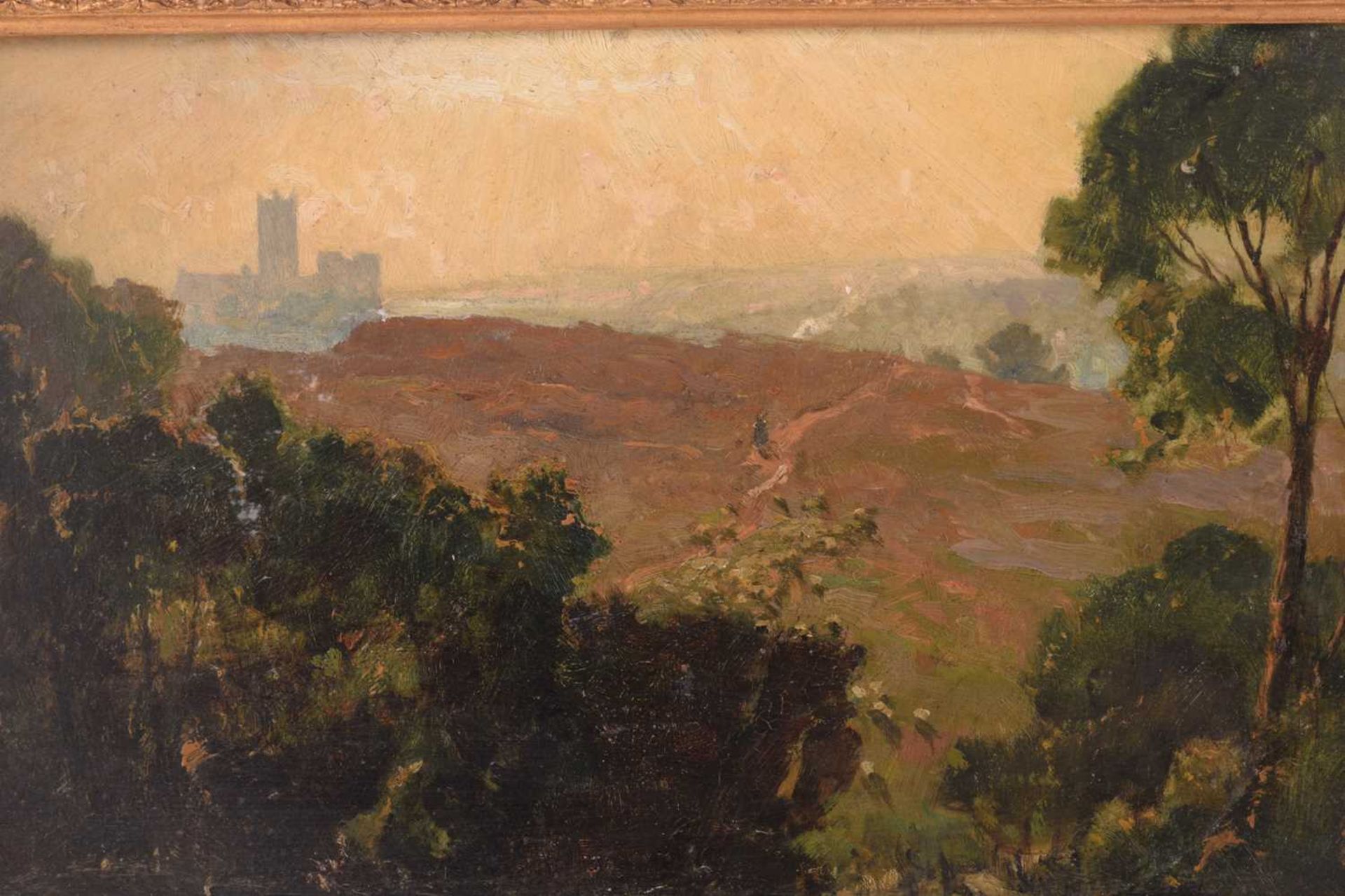 Frederick George Cotman RI. ROI. (British, 1850-1920), 'Canterbury from the Downs', oil on board, - Image 4 of 8