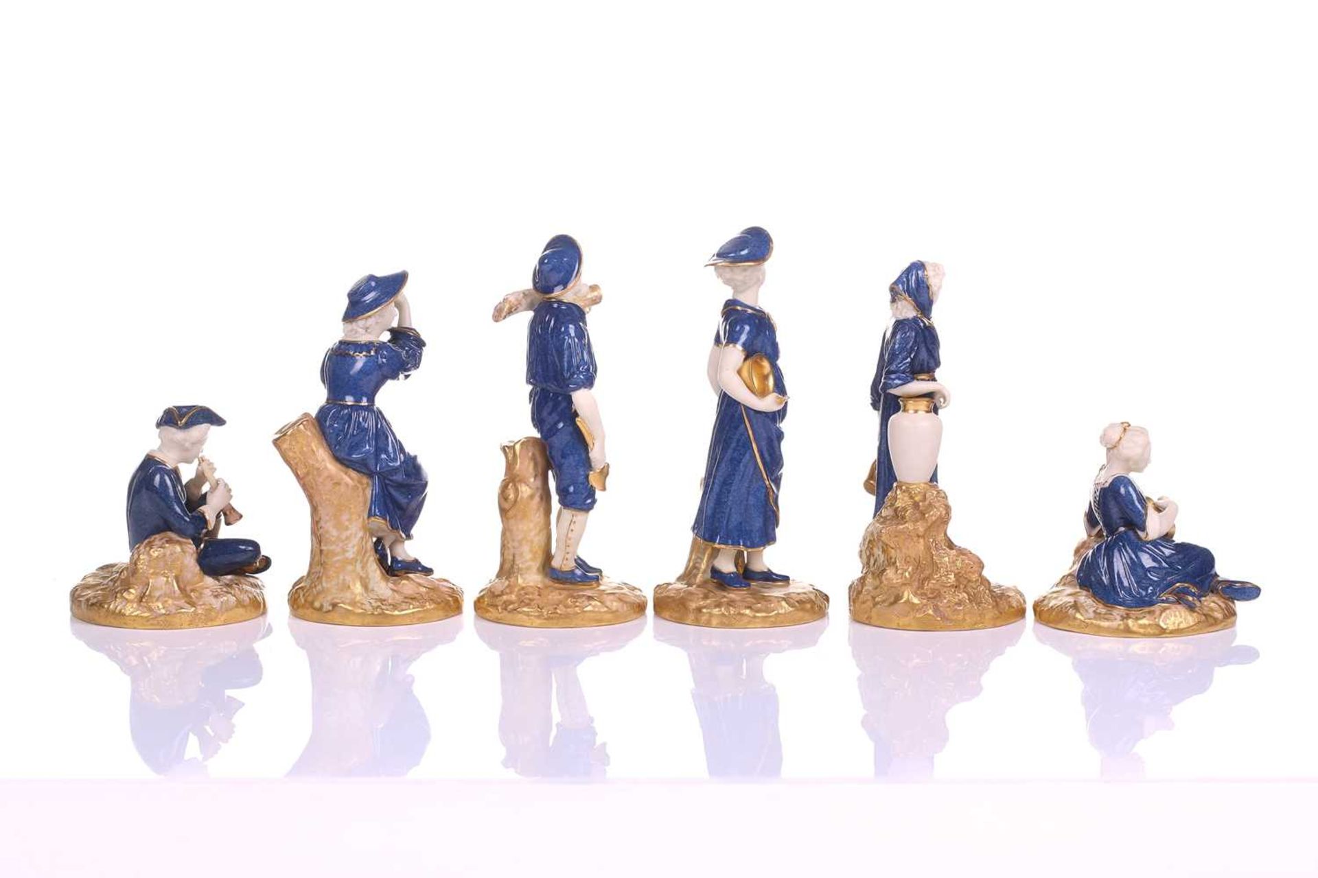 A series of six Royal Worcester James Hadley blush gilt and powder blue porcelain figures involved - Image 9 of 11