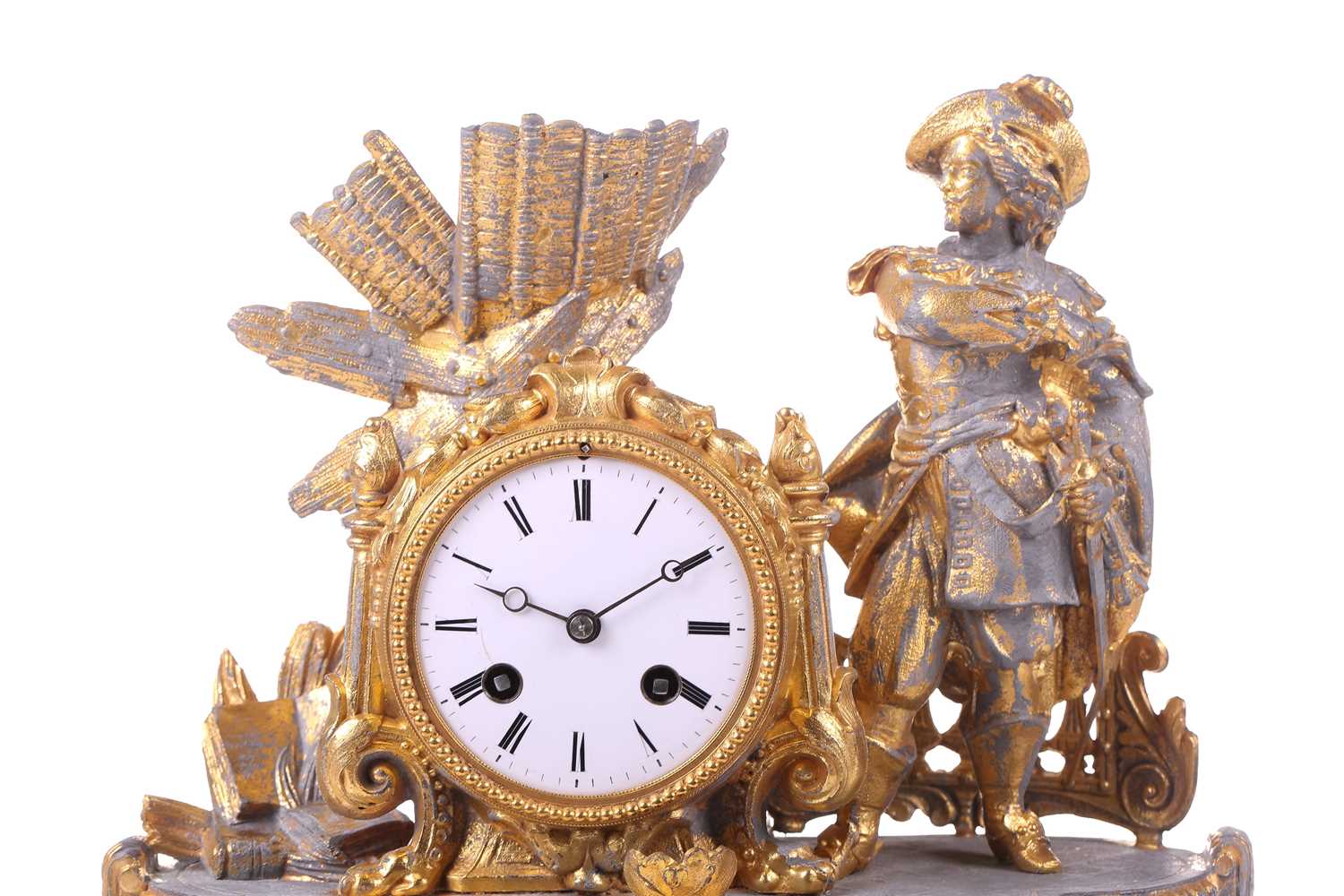A late 19th century French parcel gilt spelter clock, depicting a nobleman standing beside a drum - Image 14 of 14