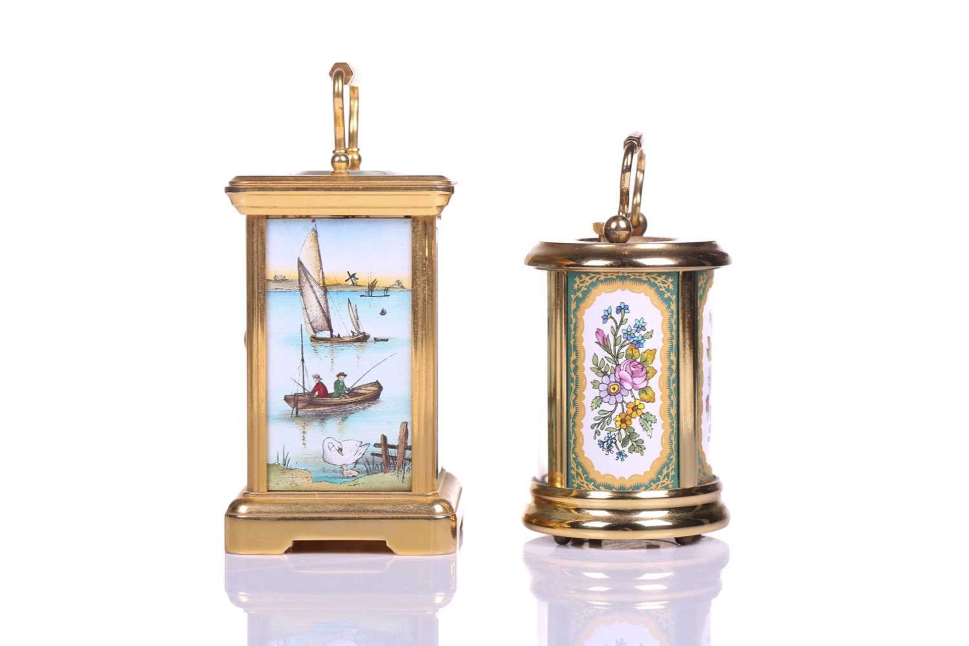 A Halcyon Days hard enamel and gilt brass miniature corniche-cased timepiece decorated with river - Image 8 of 9