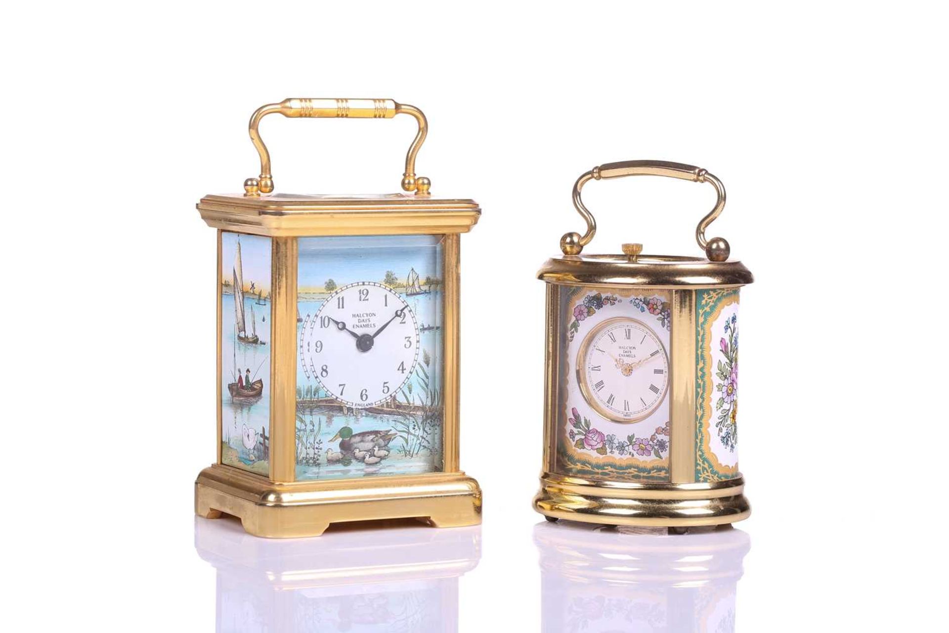 A Halcyon Days hard enamel and gilt brass miniature corniche-cased timepiece decorated with river - Image 2 of 9