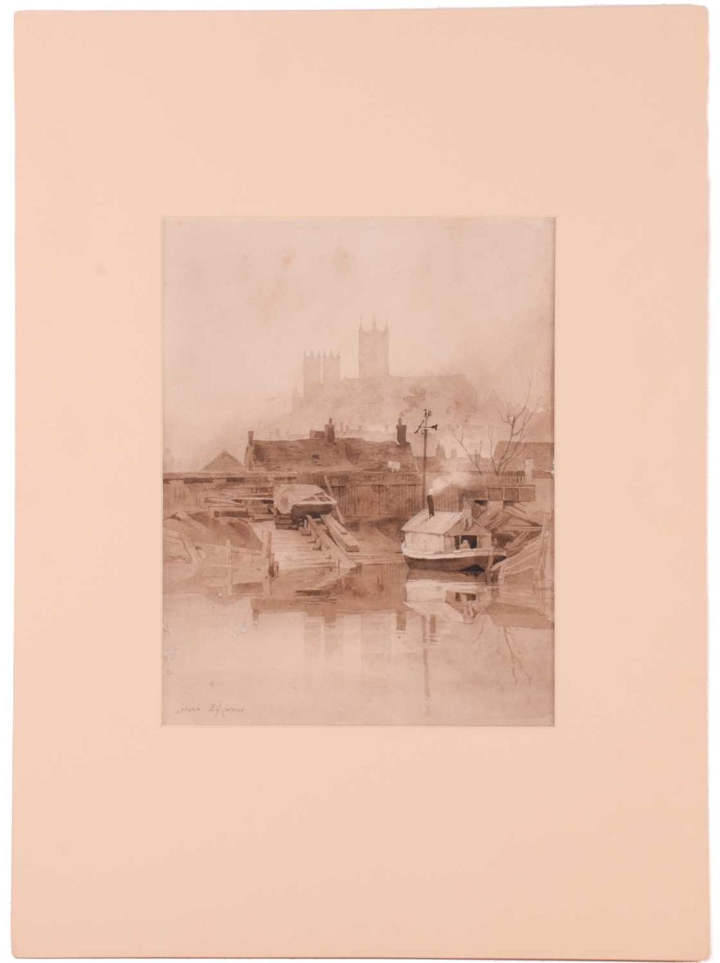 Frederick George Cotman (1850 - 1920), 'Lincoln Cathedral (from the river)', signed, monochrome, - Image 12 of 12